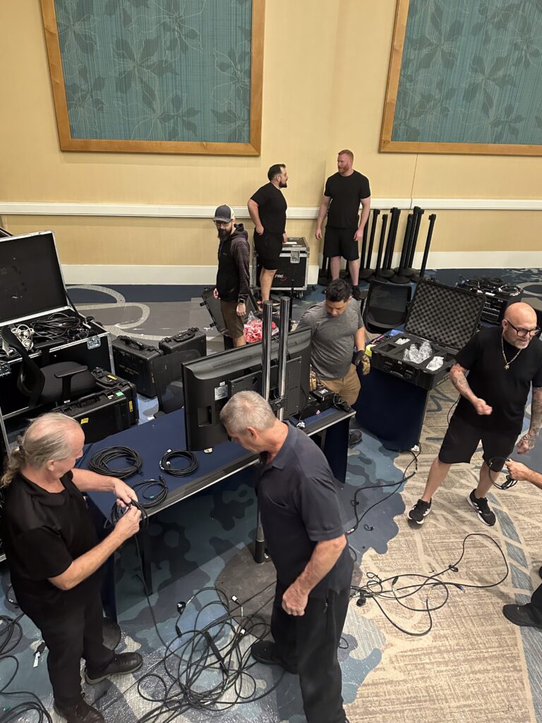 Our professional AV crews adjusting a digital sound console for a high-stakes corporate presentation