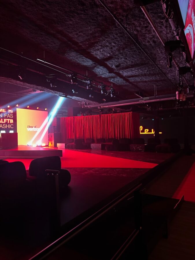 High-end corporate lounge setup at 'House of Verizon' featuring professional sound systems and audio engineer staffing.