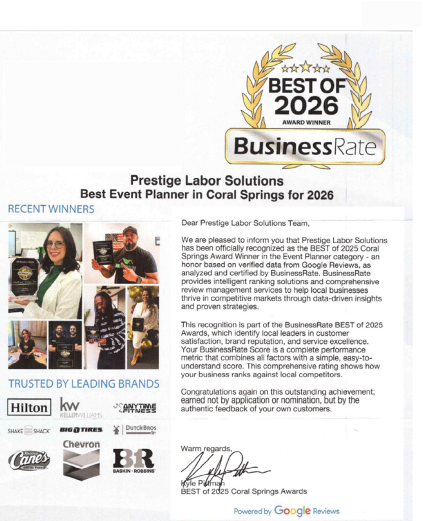 An award certificate recognizing Prestige Labor Solutions as the best event planner in Coral Springs for 2026, featuring client logos and team photos.